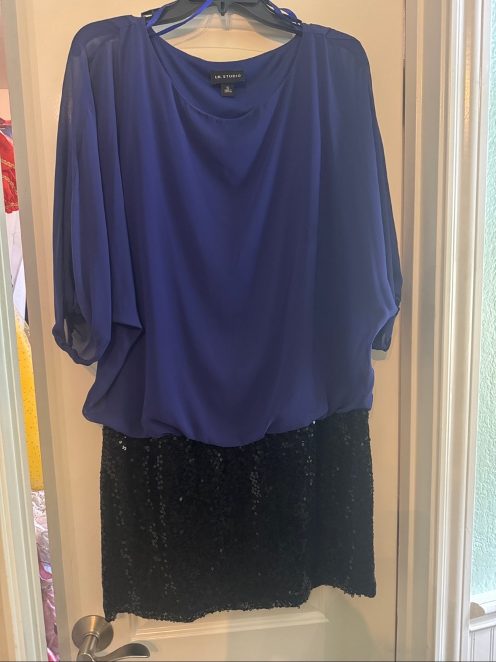 I.N. Studio dress with Cobalt Blue top and Black Sequin Mini Skirt
